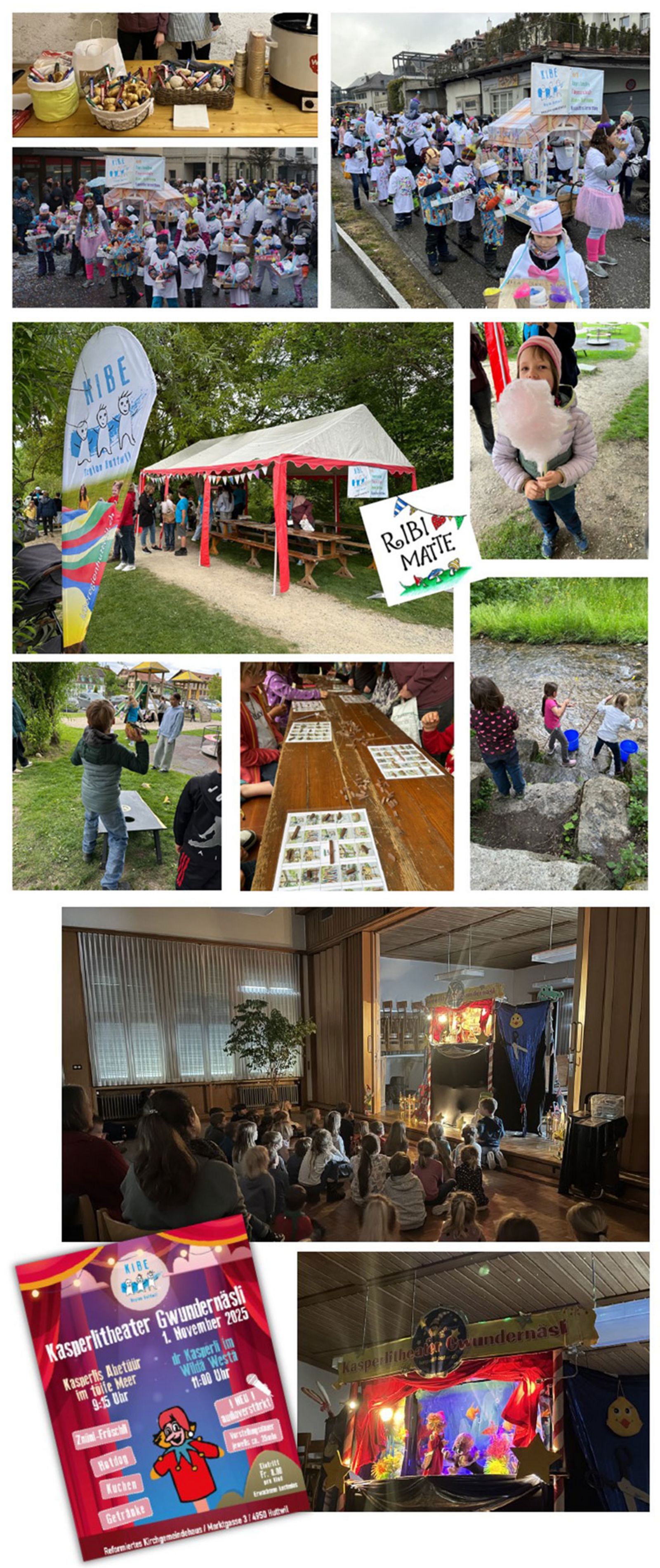 Collage mit Eindrücken aus KIBE-Veranstaltungen: Familienfest, Natur- und Spielangebote, Fasnachtsumzug sowie Kasperlitheater mit Kindern und Familien.